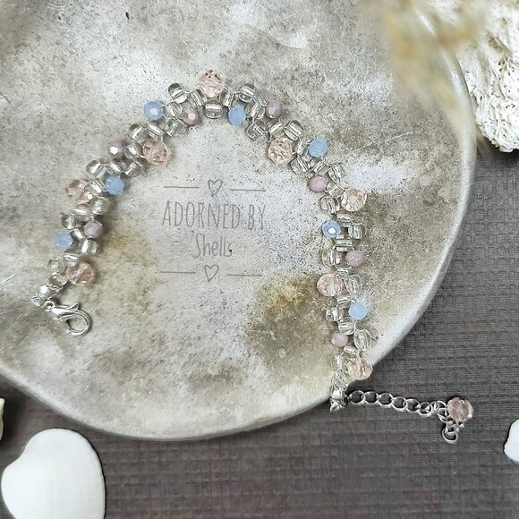 Aqua Mauve Crystals Beaded Bracelet, Non-Tarnish Minimalist Dainty Jewelry - Picture 3 of 10